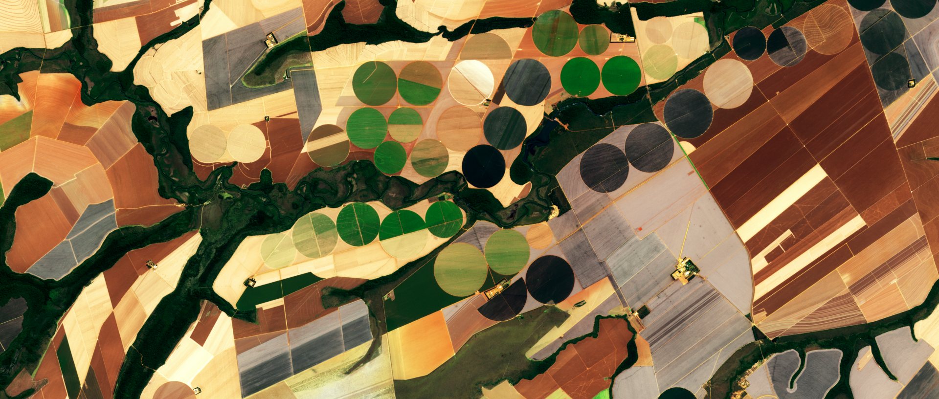 Lavouras com pivôs de irrigação em Primavera do Leste, Mato Grosso, vistas de satélite